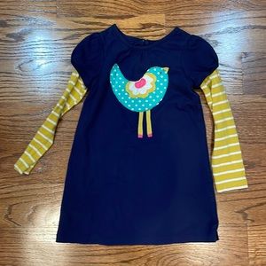 Mini Boden bird appliqué long sleeve layered tee shirt dress